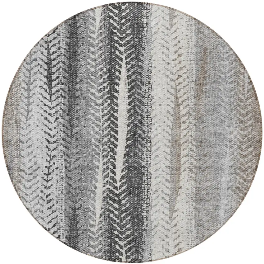 8' Khaki Ivory And Gray Round Botanical Leaves Washable Indoor Outdoor Area Rug Photo 5