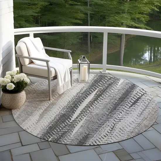 8' Khaki Ivory And Gray Round Botanical Leaves Washable Indoor Outdoor Area Rug Photo 6