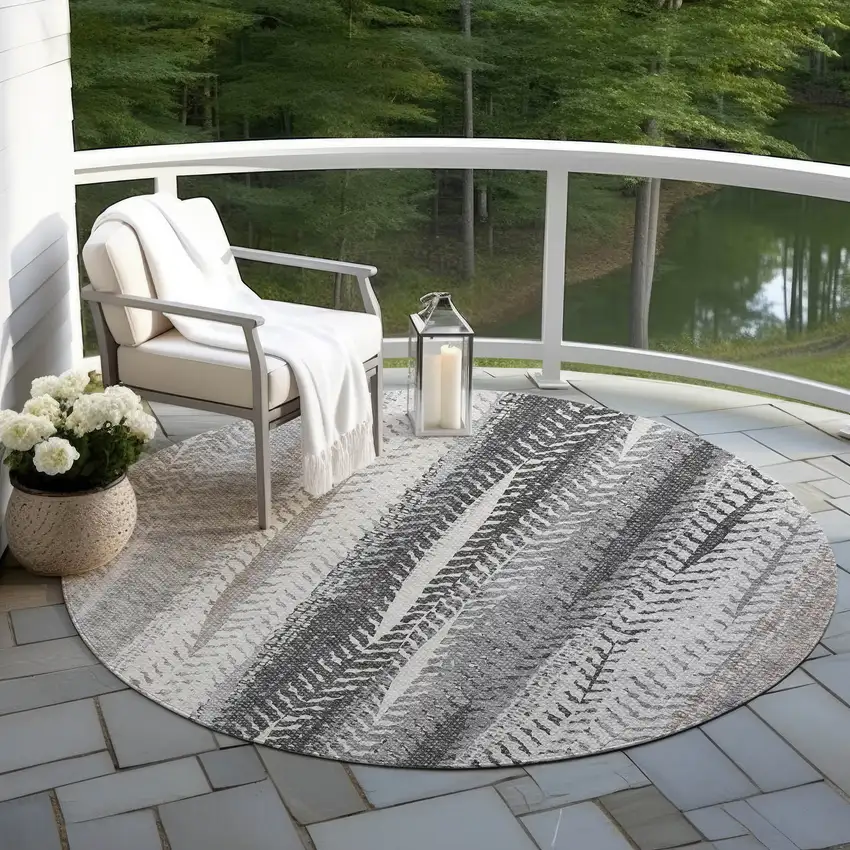 8' Khaki Ivory And Gray Round Botanical Leaves Washable Indoor Outdoor Area Rug Photo 6