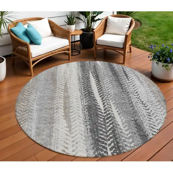 8' Khaki Ivory And Gray Round Botanical Leaves Washable Indoor Outdoor Area Rug Photo 1