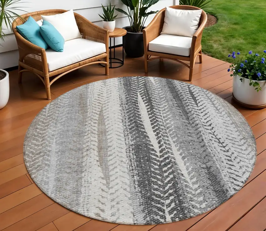 8' Khaki Ivory And Gray Round Botanical Leaves Washable Indoor Outdoor Area Rug Photo 1