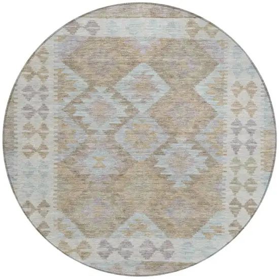 8' Khaki Ivory And Gray Round Tribal Washable Indoor Outdoor Area Rug Photo 3