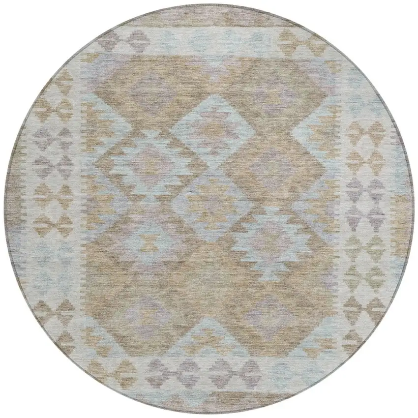 8' Khaki Ivory And Gray Round Tribal Washable Indoor Outdoor Area Rug Photo 3