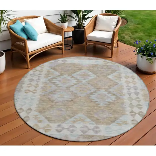 8' Khaki Ivory And Gray Round Tribal Washable Indoor Outdoor Area Rug Photo 2