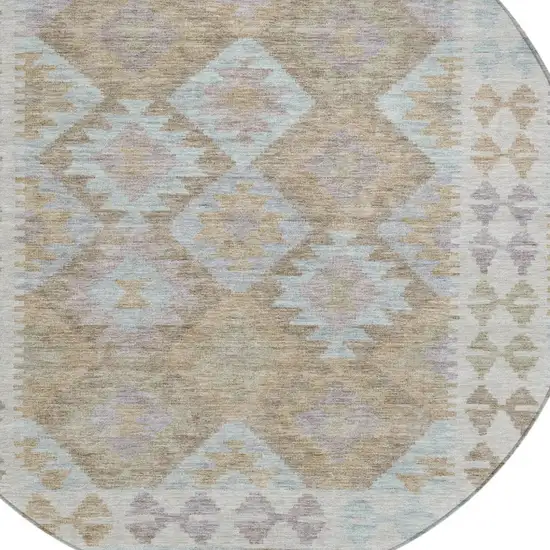 8' Khaki Ivory And Gray Round Tribal Washable Indoor Outdoor Area Rug Photo 9