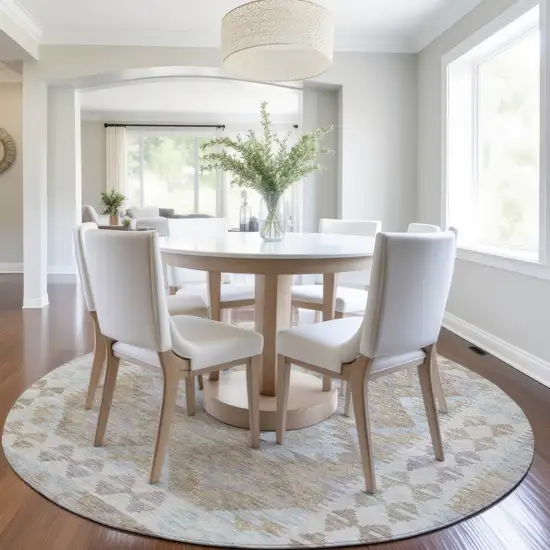 8' Khaki Ivory And Gray Round Tribal Washable Indoor Outdoor Area Rug Photo 7