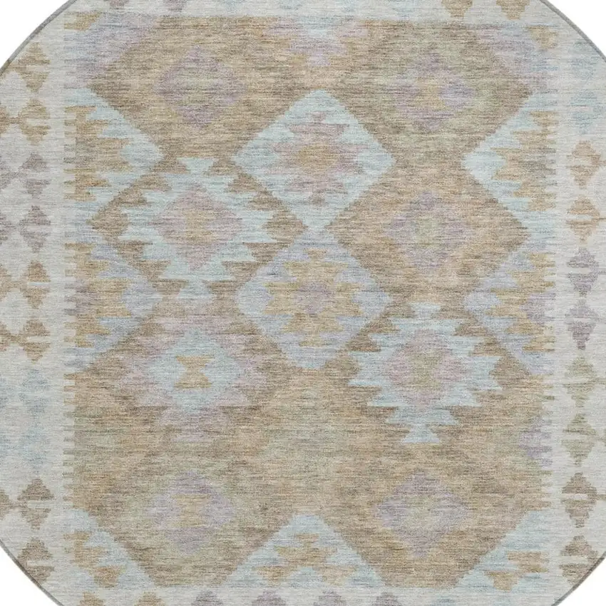 8' Khaki Ivory And Gray Round Tribal Washable Indoor Outdoor Area Rug Photo 4