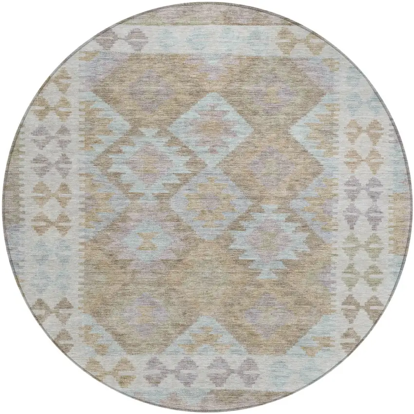 8' Khaki Ivory And Gray Round Tribal Washable Indoor Outdoor Area Rug Photo 1