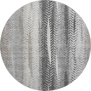 Photo of 8' Khaki Ivory And Gray Striped Washable Round Rug With UV Protection