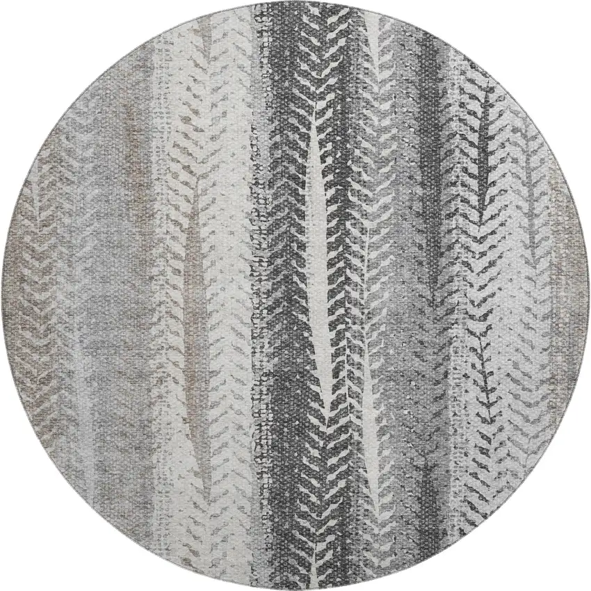 8' Khaki Ivory And Gray Striped Washable Round Rug With UV Protection Photo 1