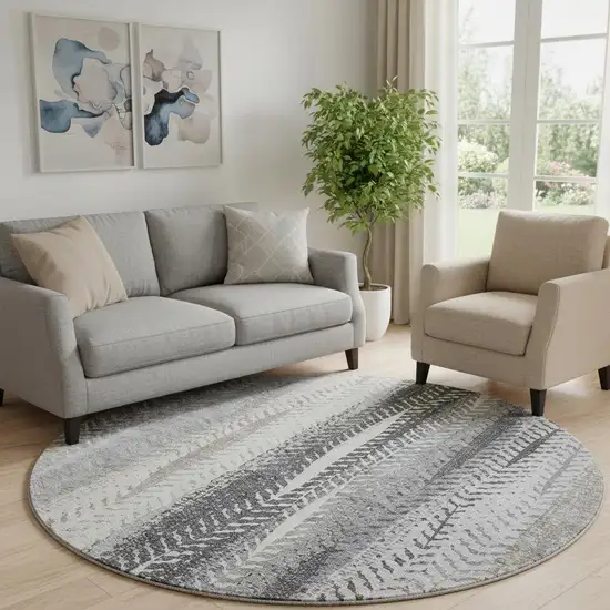 8' Khaki Ivory And Gray Striped Washable Round Rug With UV Protection Photo 1