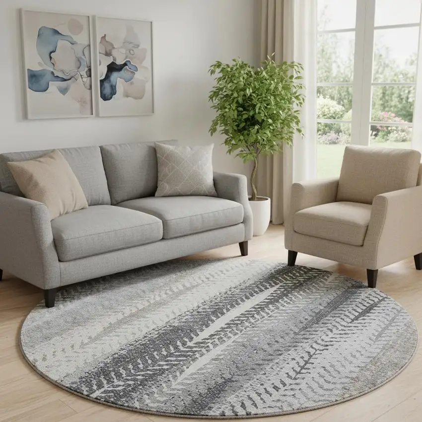 8' Khaki Ivory And Gray Striped Washable Round Rug With UV Protection Photo 1