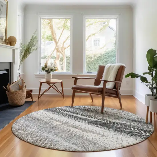 8' Khaki Ivory And Gray Striped Washable Round Rug With UV Protection Photo 4