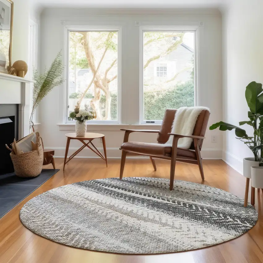 8' Khaki Ivory And Gray Striped Washable Round Rug With UV Protection Photo 4