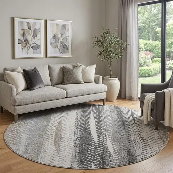 8' Khaki Ivory And Gray Striped Washable Round Rug With UV Protection Photo 1