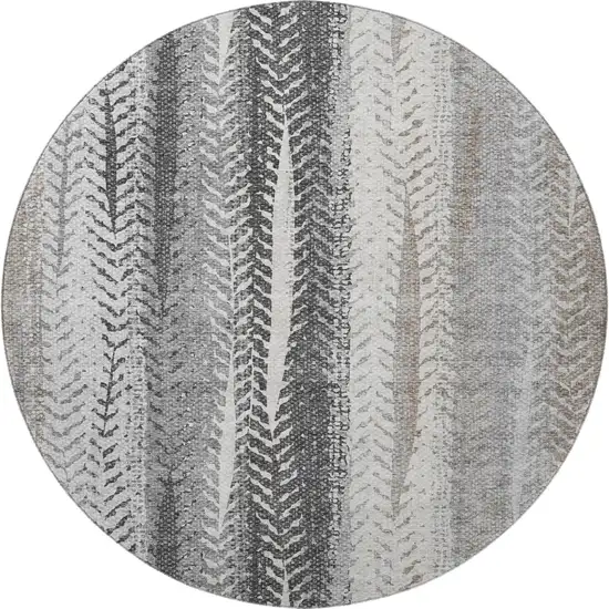 8' Khaki Ivory And Gray Striped Washable Round Rug With UV Protection Photo 3