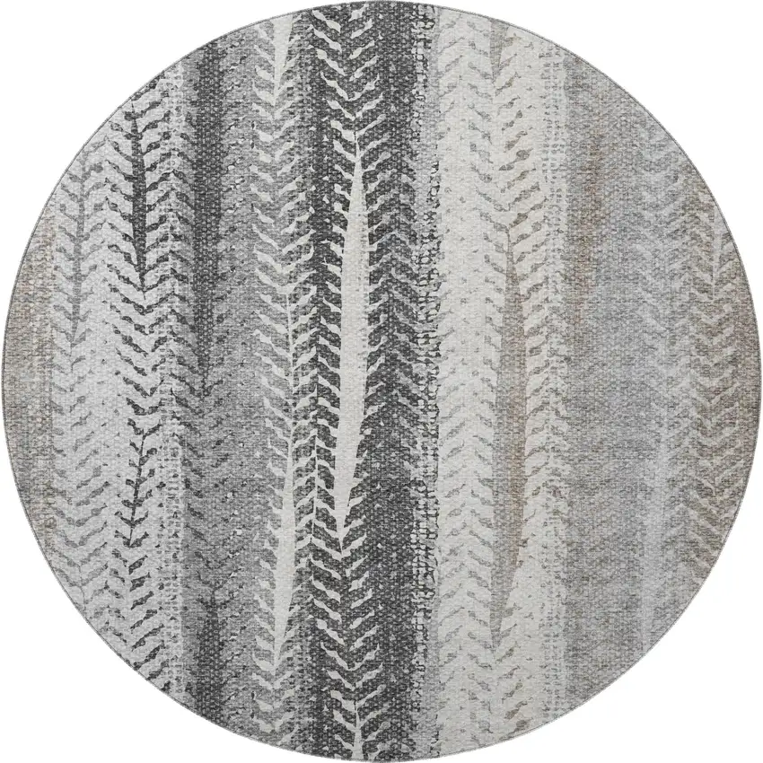 8' Khaki Ivory And Gray Striped Washable Round Rug With UV Protection Photo 3