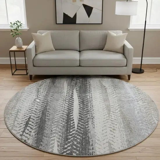 8' Khaki Ivory And Gray Striped Washable Round Rug With UV Protection Photo 2