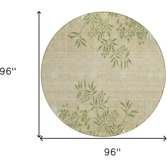 8' Khaki Ivory And Green Round Floral Washable Indoor Outdoor Area Rug Photo 3