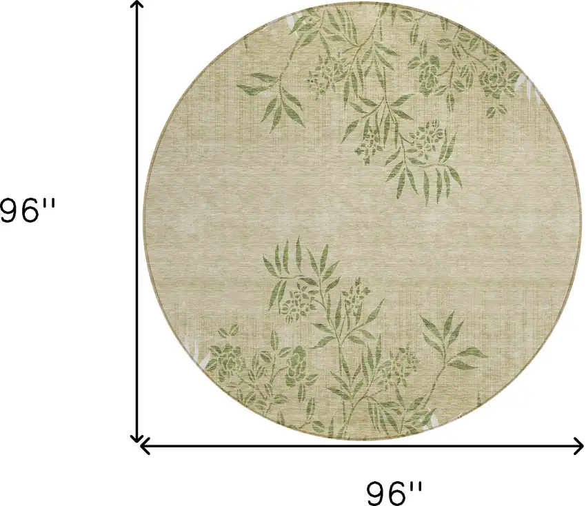 8' Khaki Ivory And Green Round Floral Washable Indoor Outdoor Area Rug Photo 3
