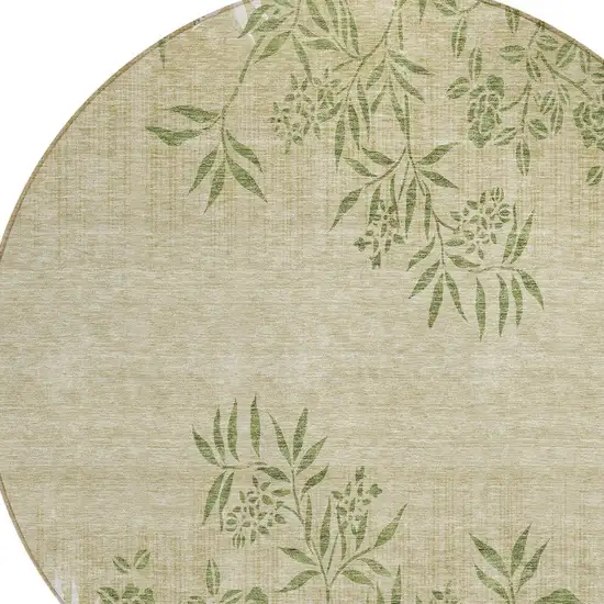 8' Khaki Ivory And Green Round Floral Washable Indoor Outdoor Area Rug Photo 4
