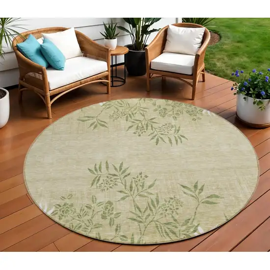 8' Khaki Ivory And Green Round Floral Washable Indoor Outdoor Area Rug Photo 1