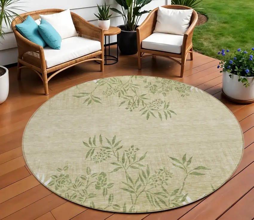 8' Khaki Ivory And Green Round Floral Washable Indoor Outdoor Area Rug Photo 1