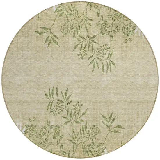 8' Khaki Ivory And Green Round Floral Washable Indoor Outdoor Area Rug Photo 5