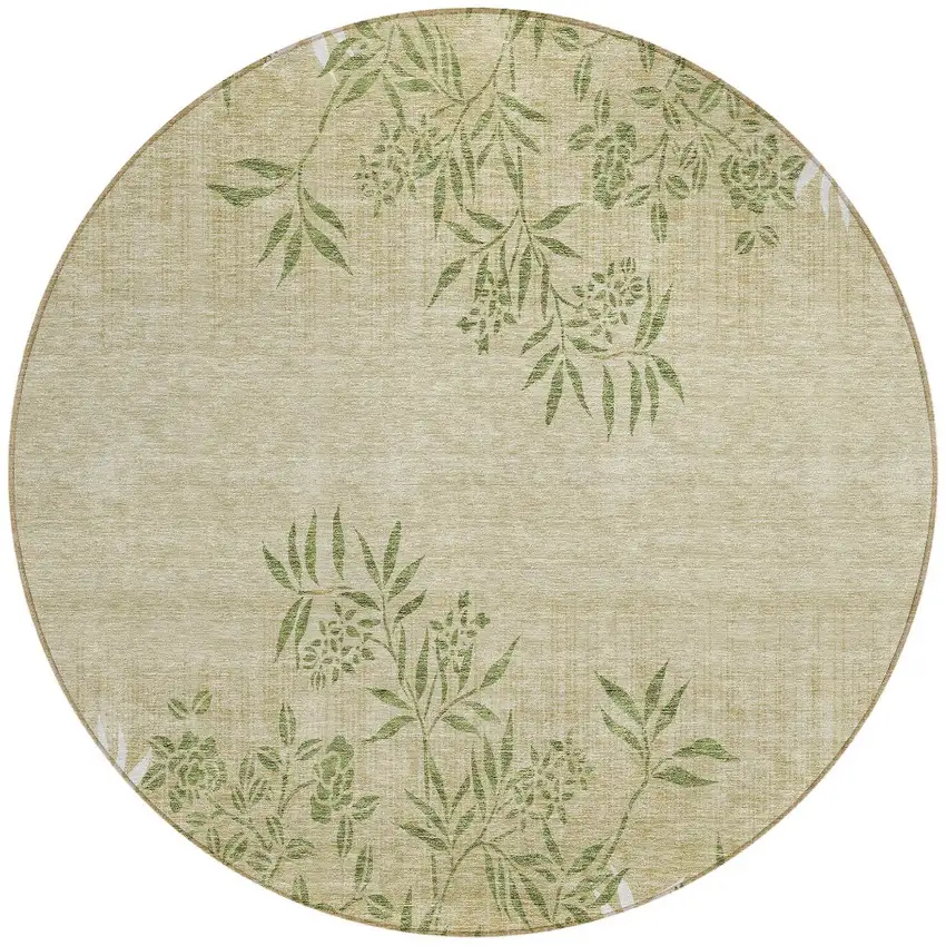 8' Khaki Ivory And Green Round Floral Washable Indoor Outdoor Area Rug Photo 5
