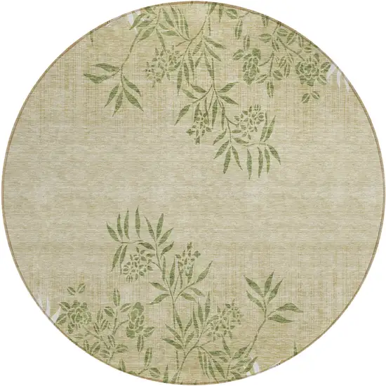 8' Khaki Ivory And Green Round Floral Washable Indoor Outdoor Area Rug Photo 2