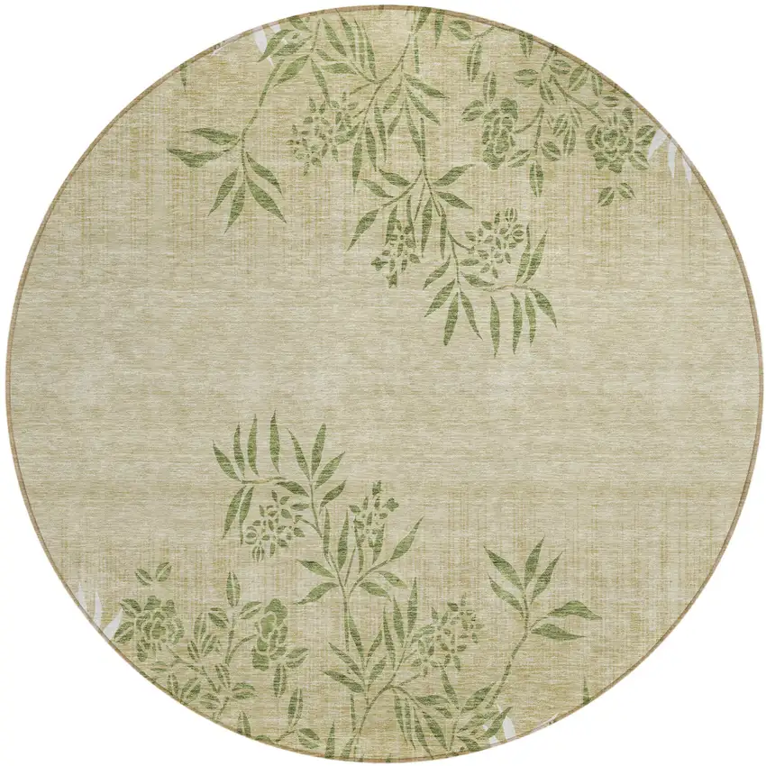 8' Khaki Ivory And Green Round Floral Washable Indoor Outdoor Area Rug Photo 2