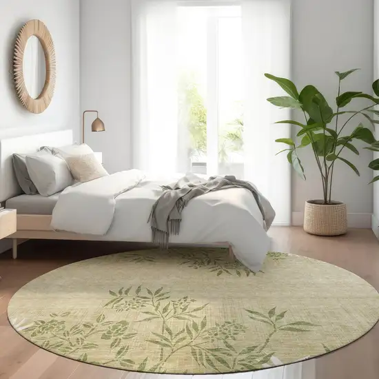 8' Khaki Ivory And Green Round Floral Washable Indoor Outdoor Area Rug Photo 7