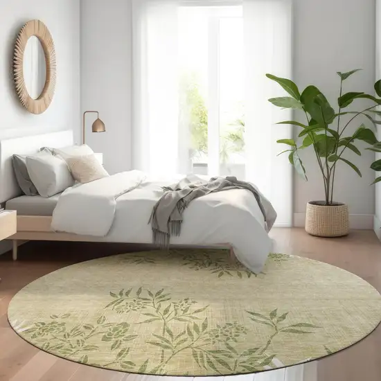8' Khaki Ivory And Green Round Floral Washable Indoor Outdoor Area Rug Photo 7