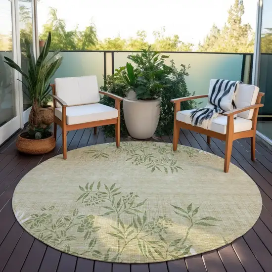 8' Khaki Ivory And Green Round Floral Washable Indoor Outdoor Area Rug Photo 6