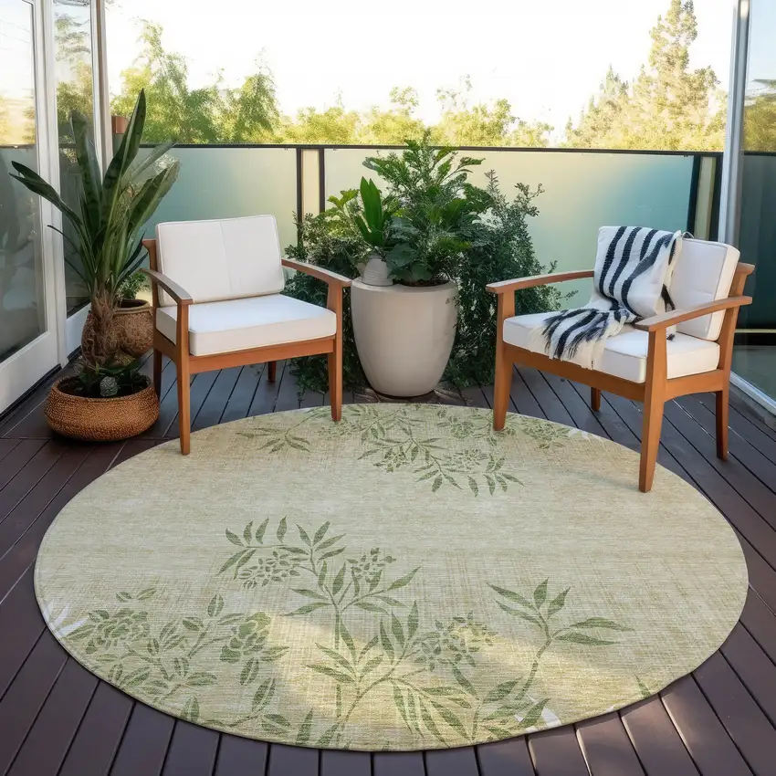 8' Khaki Ivory And Green Round Floral Washable Indoor Outdoor Area Rug Photo 6