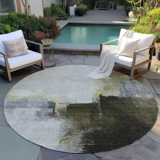 8' Khaki Light Green And Black Round Abstract Washable Indoor Outdoor Area Rug Photo 8