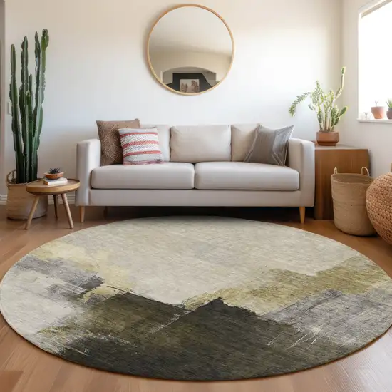 8' Khaki Light Green And Black Round Abstract Washable Indoor Outdoor Area Rug Photo 9