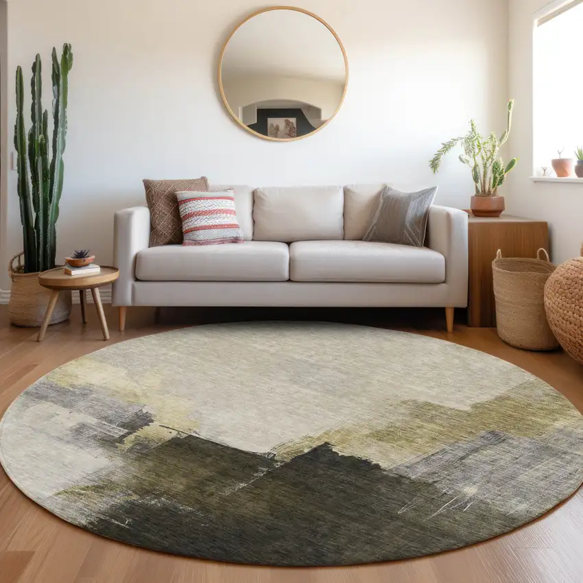 8' Khaki Light Green And Black Round Abstract Washable Indoor Outdoor Area Rug Photo 9