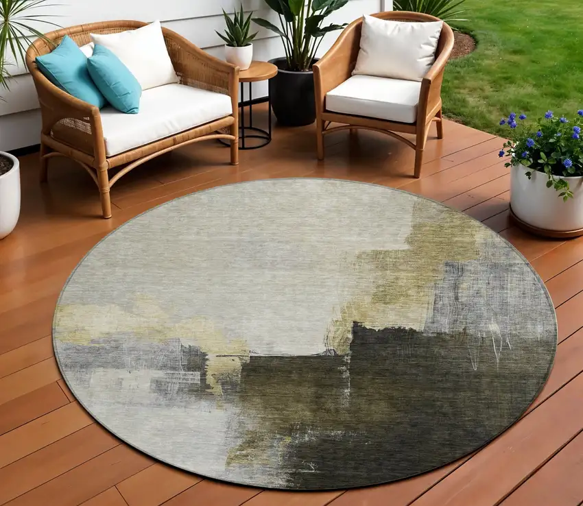 8' Khaki Light Green And Black Round Abstract Washable Indoor Outdoor Area Rug Photo 1