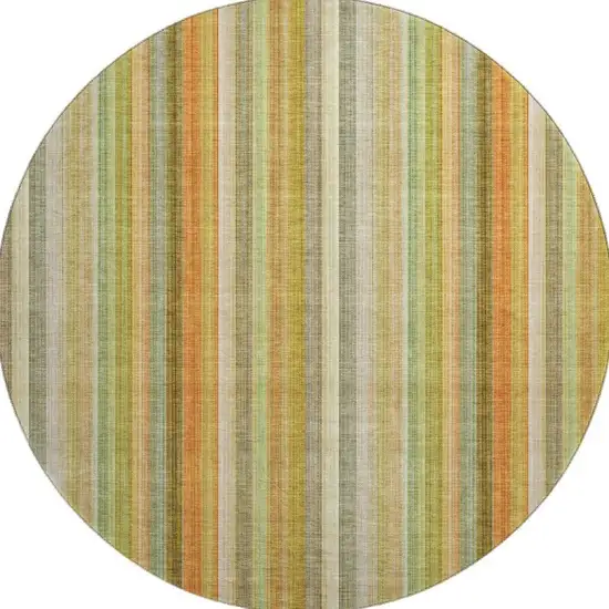 8' Khaki Orange And Beige Striped Washable Round Rug With UV Protection Photo 4