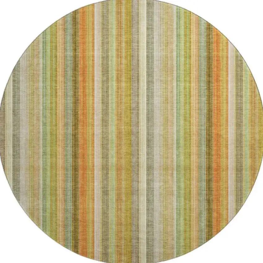 8' Khaki Orange And Beige Striped Washable Round Rug With UV Protection Photo 4