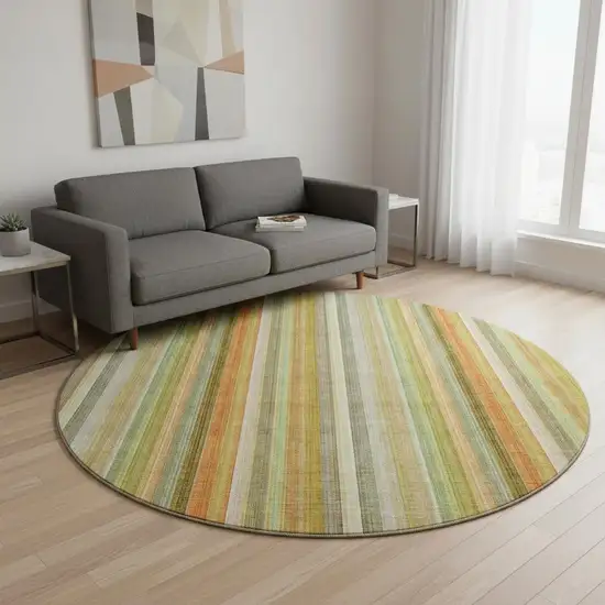 8' Khaki Orange And Beige Striped Washable Round Rug With UV Protection Photo 2