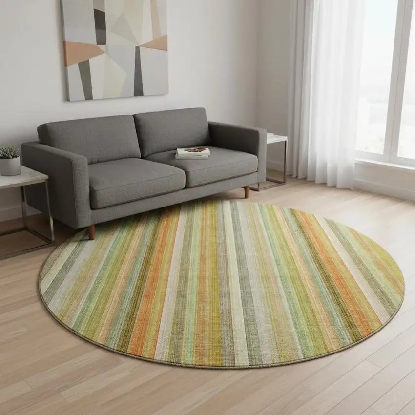 8' Khaki Orange And Beige Striped Washable Round Rug With UV Protection Photo 2