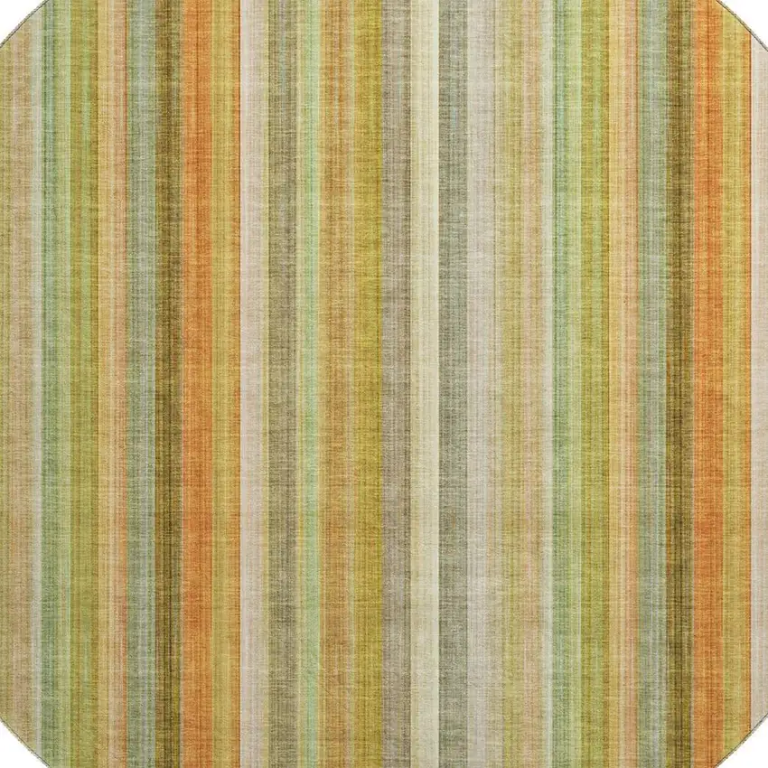 8' Khaki Orange And Beige Striped Washable Round Rug With UV Protection Photo 3