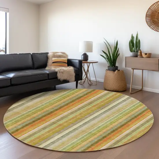 8' Khaki Orange And Beige Striped Washable Round Rug With UV Protection Photo 5