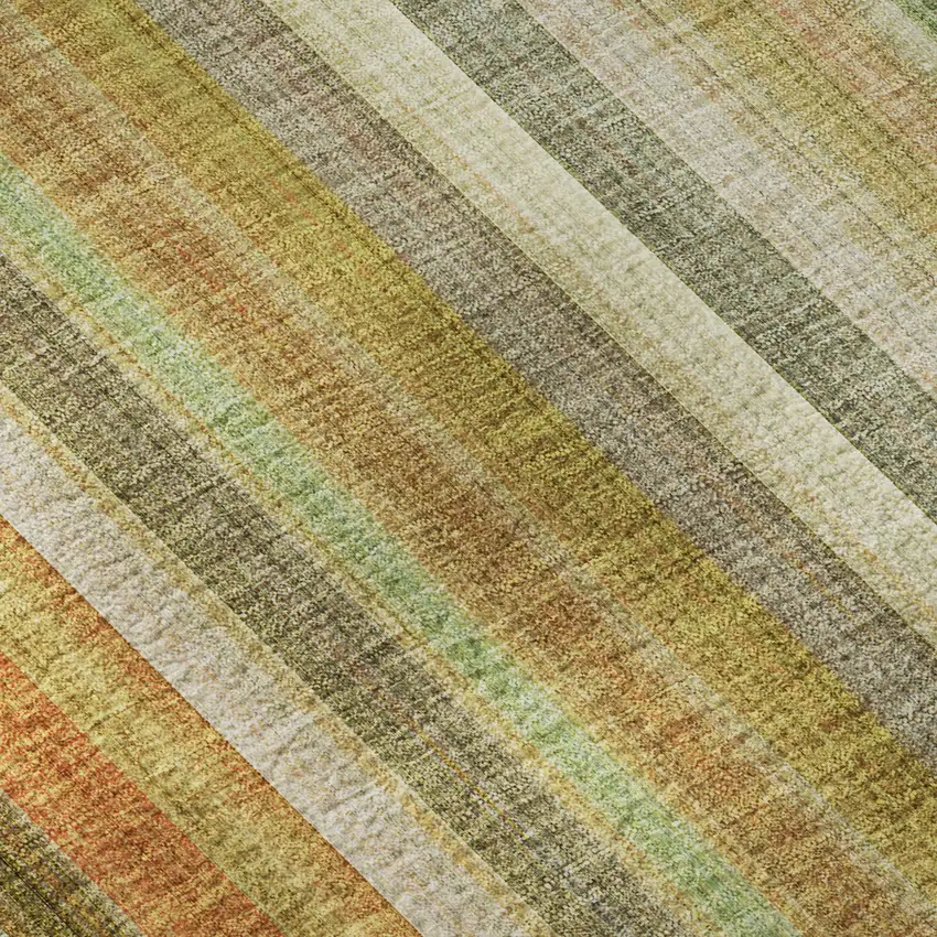 8' Khaki Orange And Beige Striped Washable Round Rug With UV Protection Photo 9