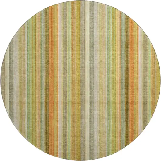 8' Khaki Orange And Beige Striped Washable Round Rug With UV Protection Photo 1