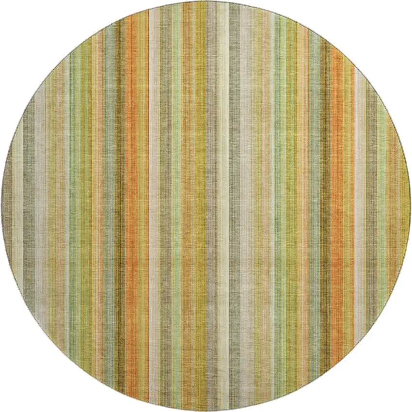 8' Khaki Orange And Beige Striped Washable Round Rug With UV Protection Photo 1
