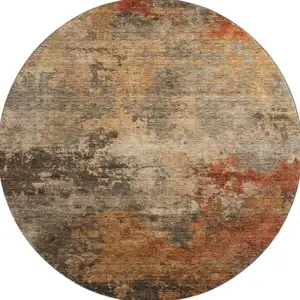 Photo of 8' Khaki Red And Charcoal Abstract Washable Round Rug With UV Protection