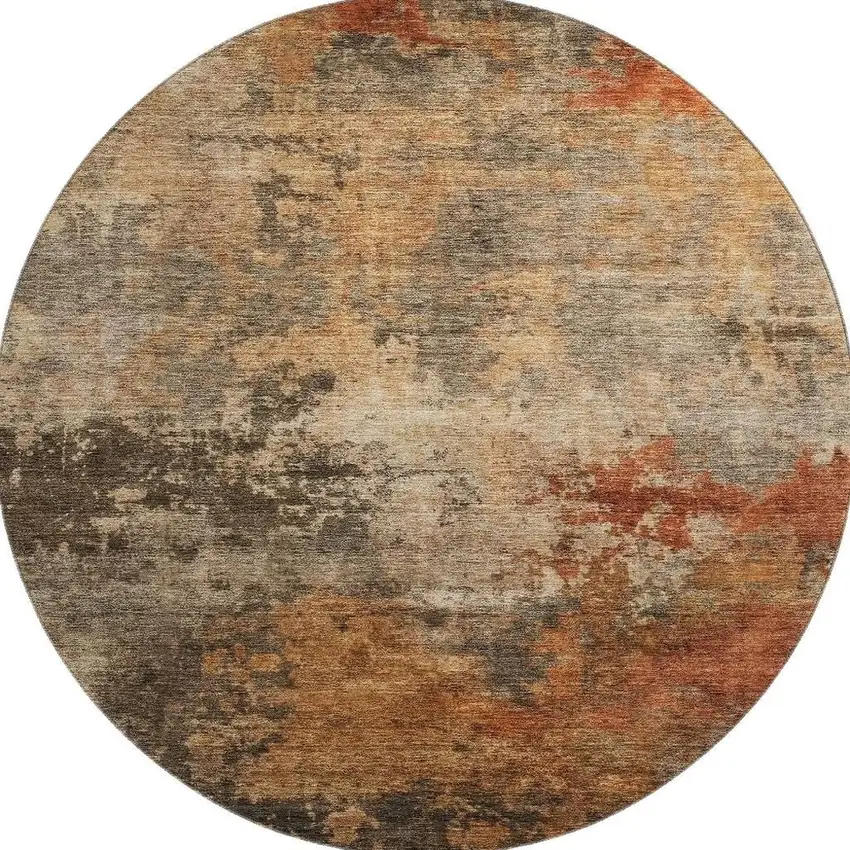 8' Khaki Red And Charcoal Abstract Washable Round Rug With UV Protection Photo 3